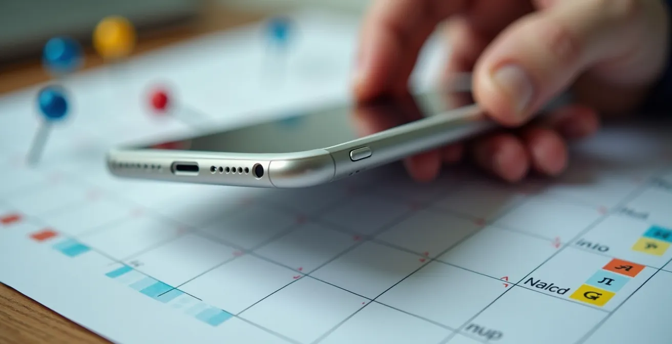 Main tenant un smartphone avec des notifications de ventes privées et un calendrier en arrière-plan