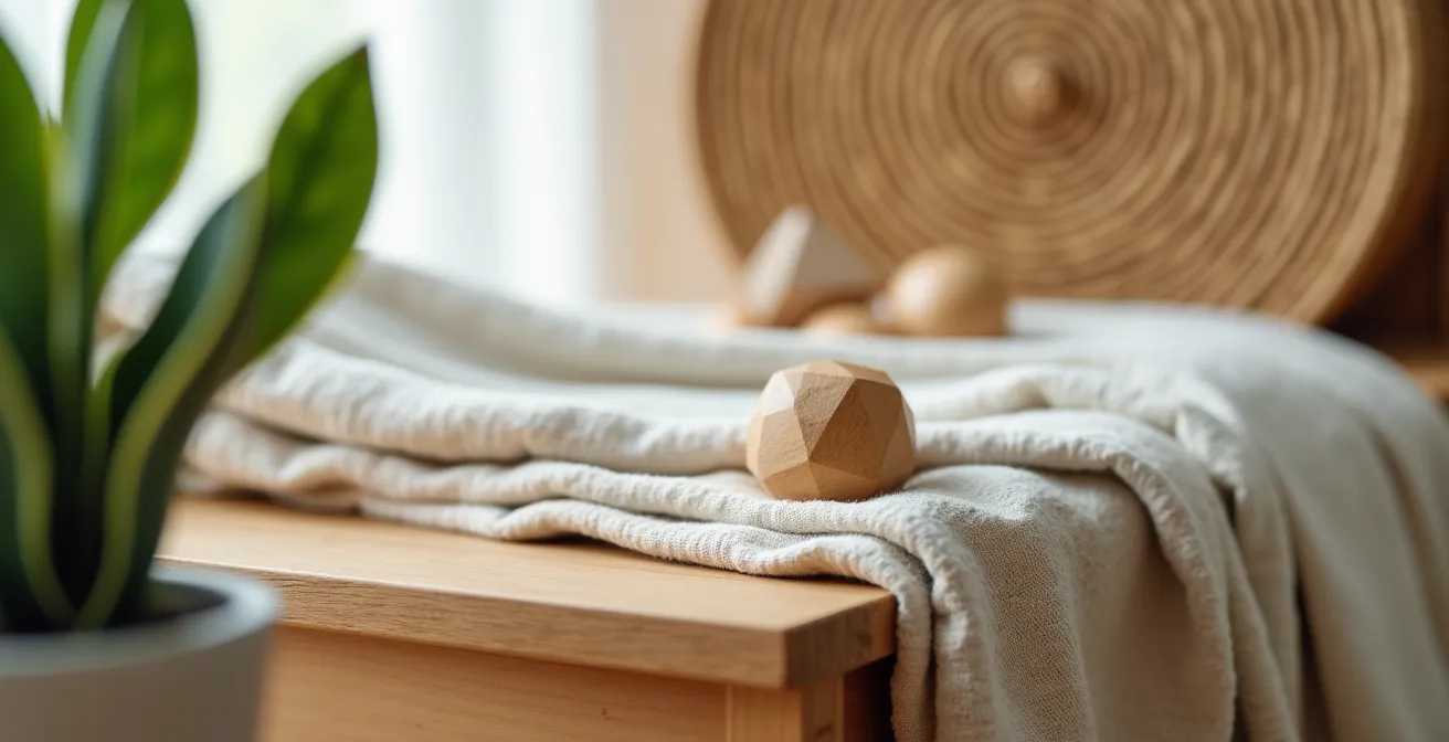 Gros plan sur des matériaux naturels dans une chambre d'enfant : bois brut, coton bio, osier tressé
