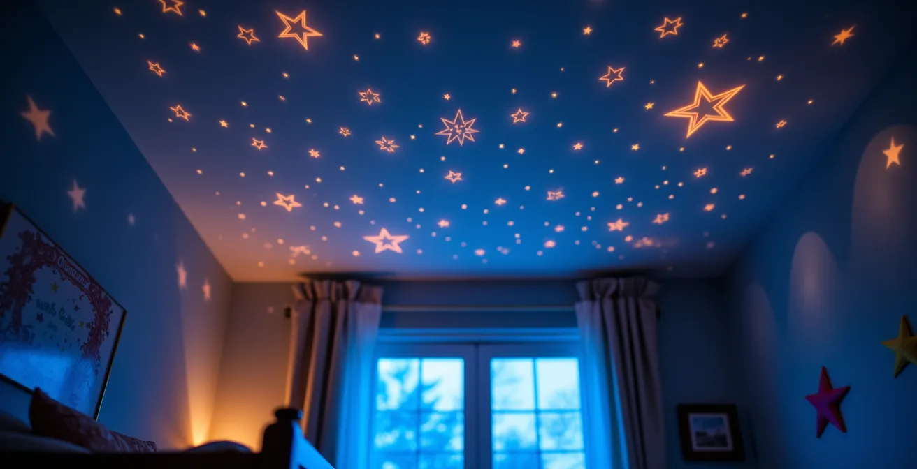 Plafond de chambre d'enfant avec constellation lumineuse et décoration étoilée