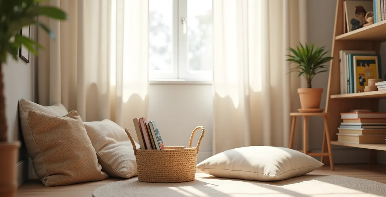 Espace lecture enfant organisé avec panier de livres sélectionnés et lumière douce