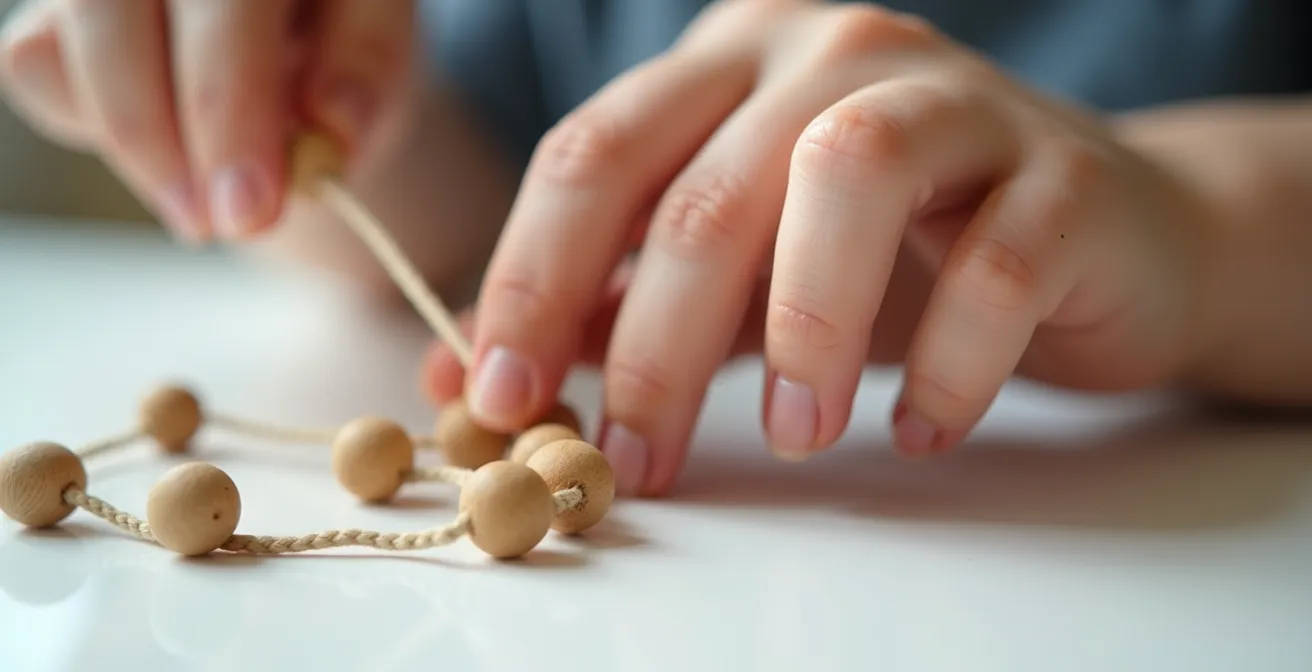 Détail des mains d'enfant travaillant la motricité fine