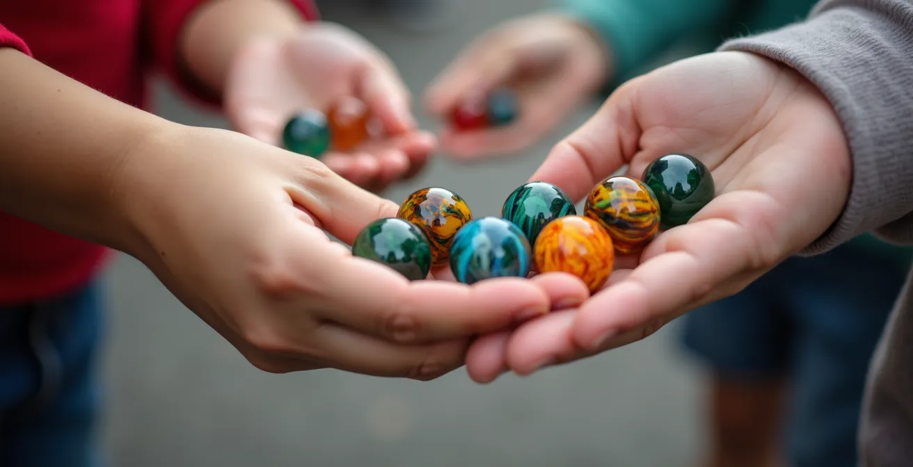 Gros plan sur des mains d'enfants échangeant des billes dans une cour d'école