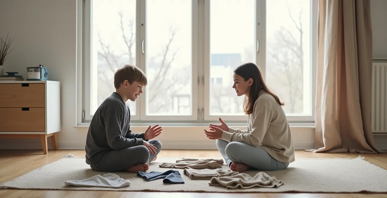Parent et enfant assis face à face discutant des choix vestimentaires dans un dialogue respectueux.