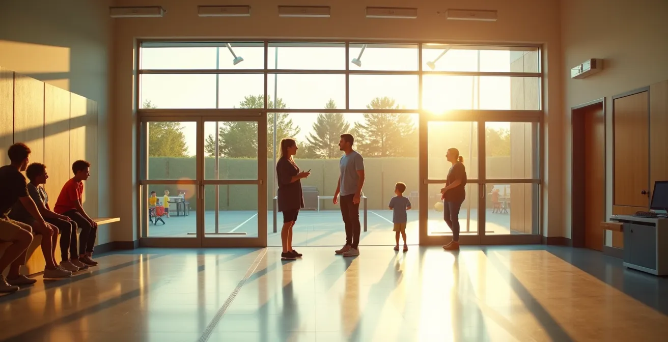 Échange respectueux entre un parent et un coach sportif après l'entraînement