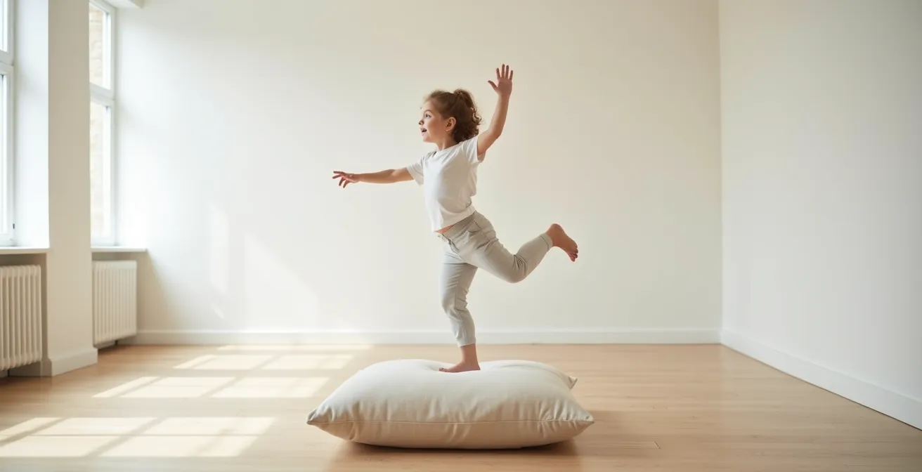 Enfant en équilibre sur un coussin développant sa proprioception