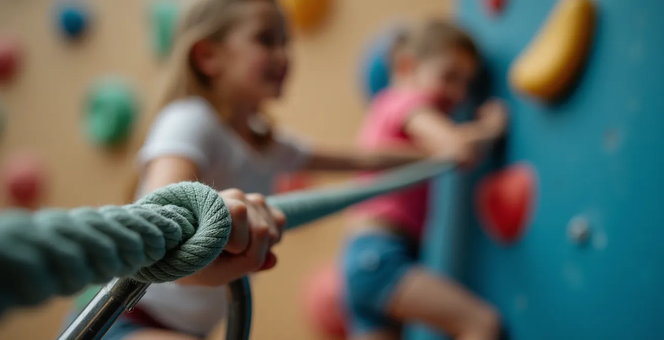 Enfant de 10 ans en escalade, assuré par un partenaire, montrant la confiance mutuelle