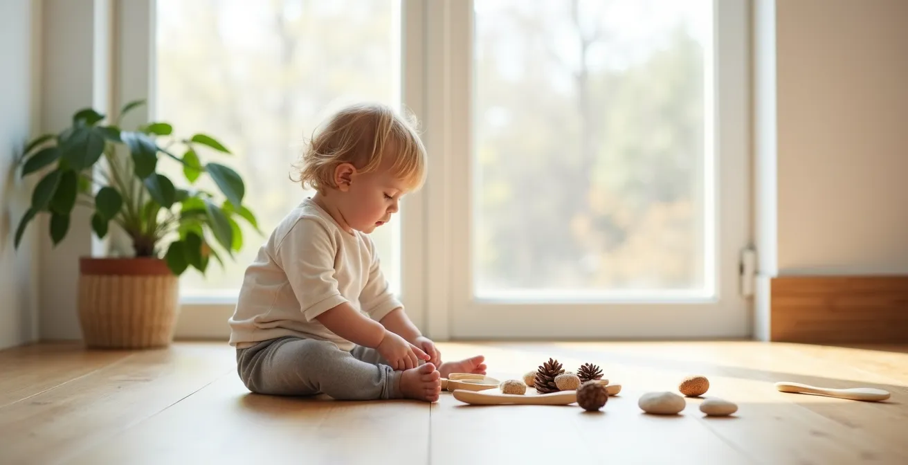 Enfant concentré jouant avec des objets naturels en bois dans un environnement minimaliste