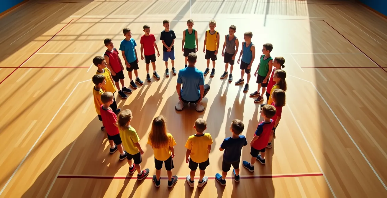 Groupe d'enfants de 9-10 ans en cercle autour de leur coach dessinant une stratégie