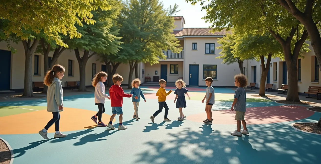 Groupe d'enfants jouant ensemble dans une cour de récréation française, sourires et interactions naturelles