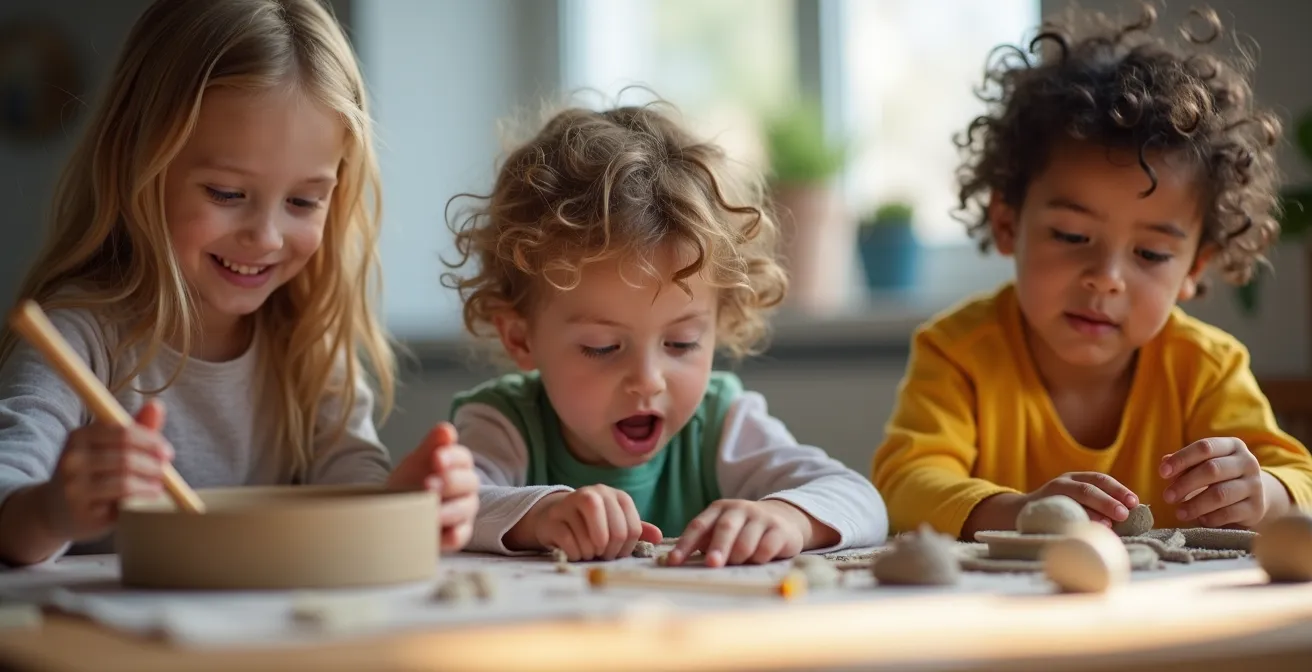 Enfants découvrant différentes activités dans un espace lumineux de centre culturel