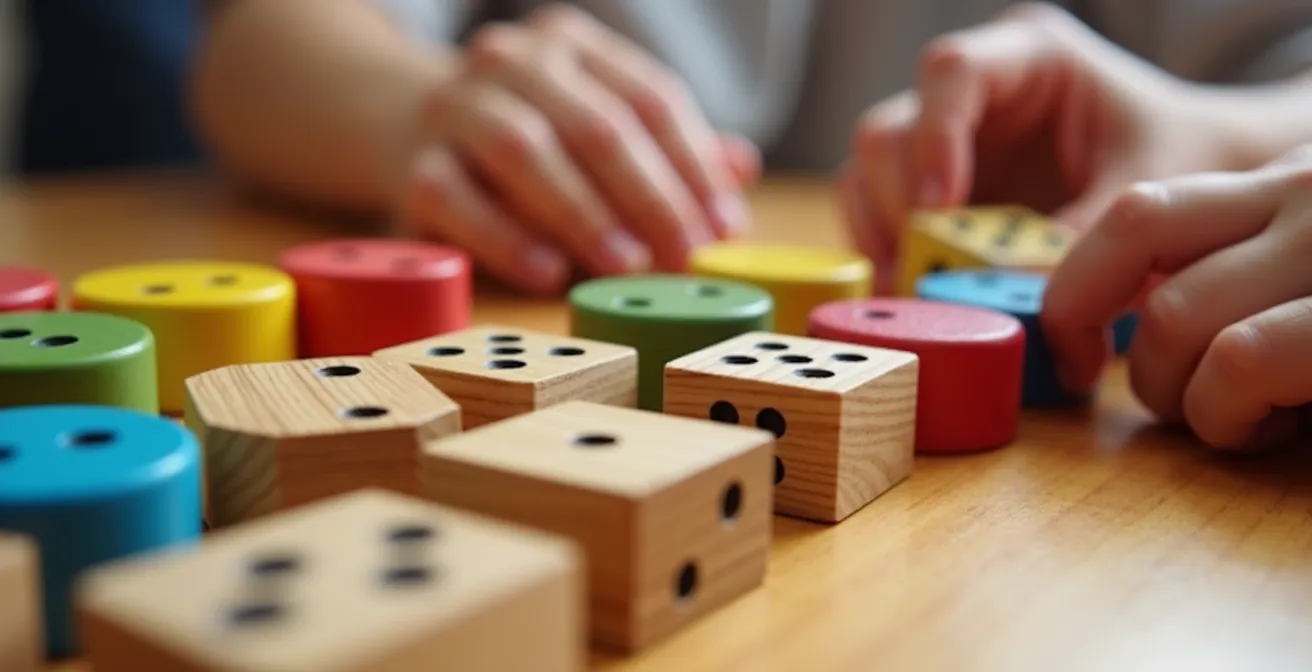 Gros plan sur des mains d'enfant manipulant des dés colorés et des jetons numériques sur une table en bois