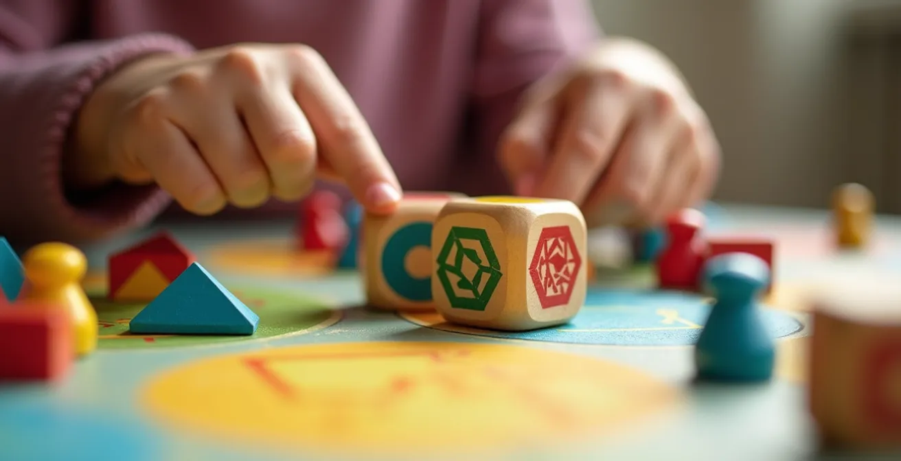 Enfants concentrés autour d'un plateau de jeu coloré avec dés et pions