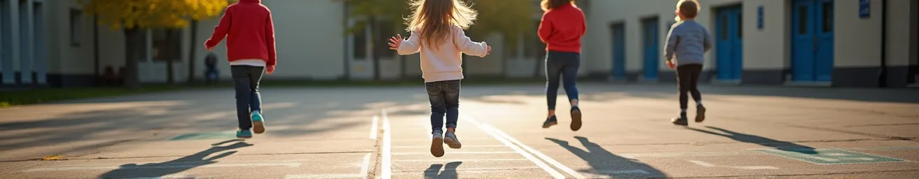 Groupe d'enfants jouant à la marelle dans une cour d'école française