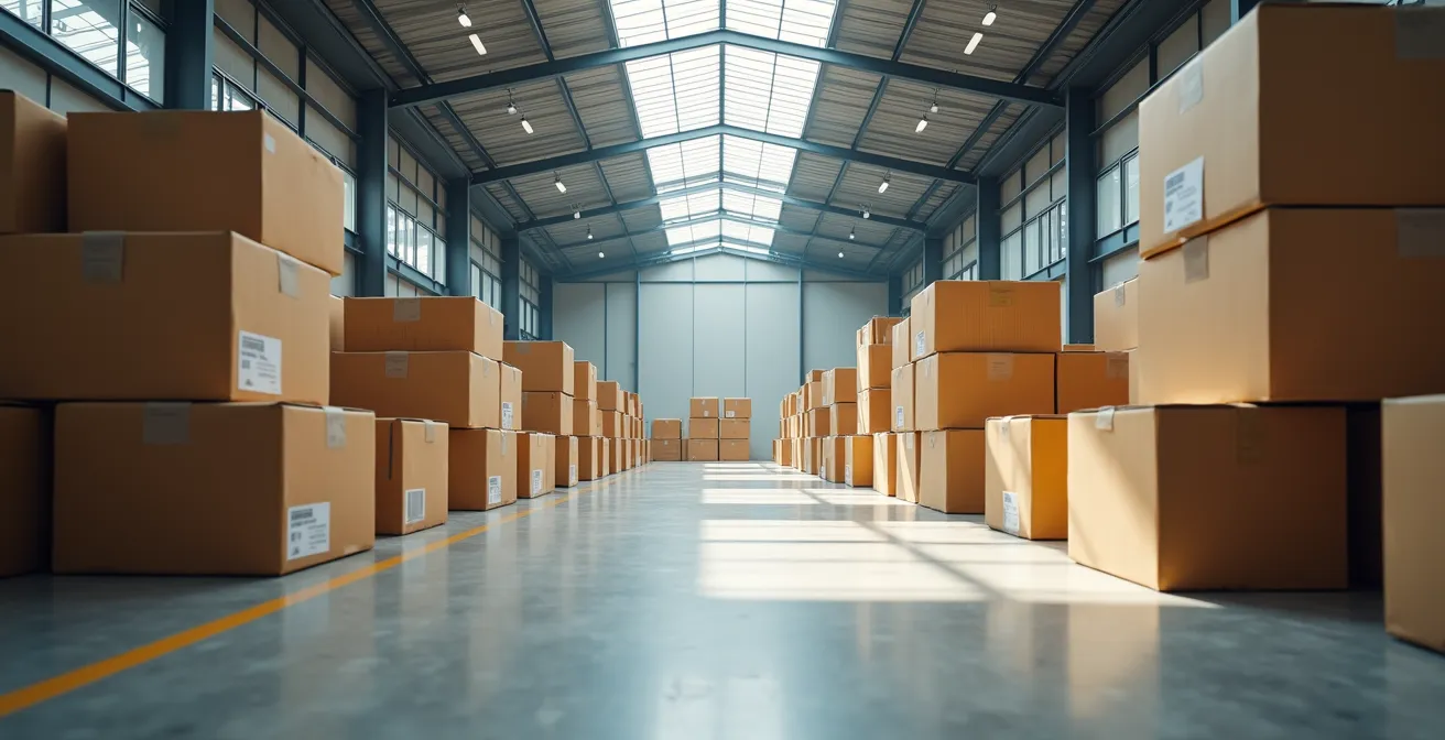 Vue grand angle d'un entrepôt moderne avec des cartons empilés et une zone de tri pour la seconde main
