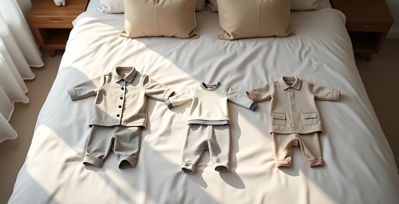 Trois vêtements enfants de tailles différentes disposés élégamment sur un lit avec des étiquettes de retour floues