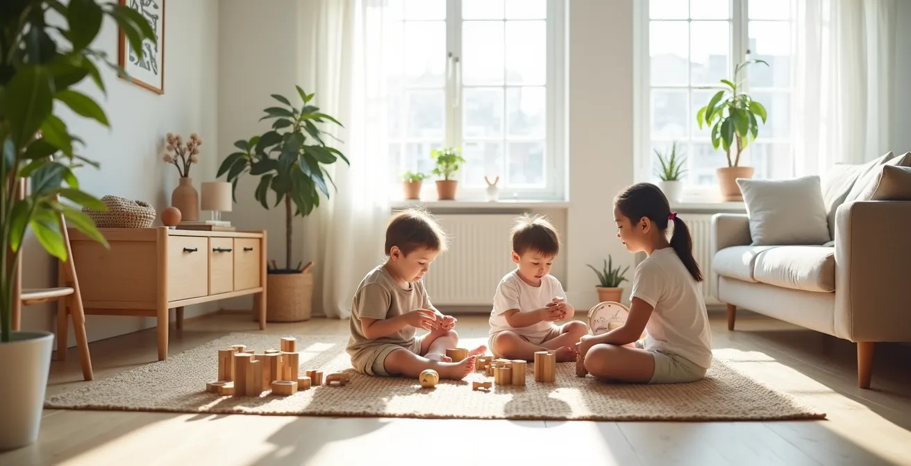 Parents et enfant déballant une box de location de jouets écoresponsables sur un tapis de salon