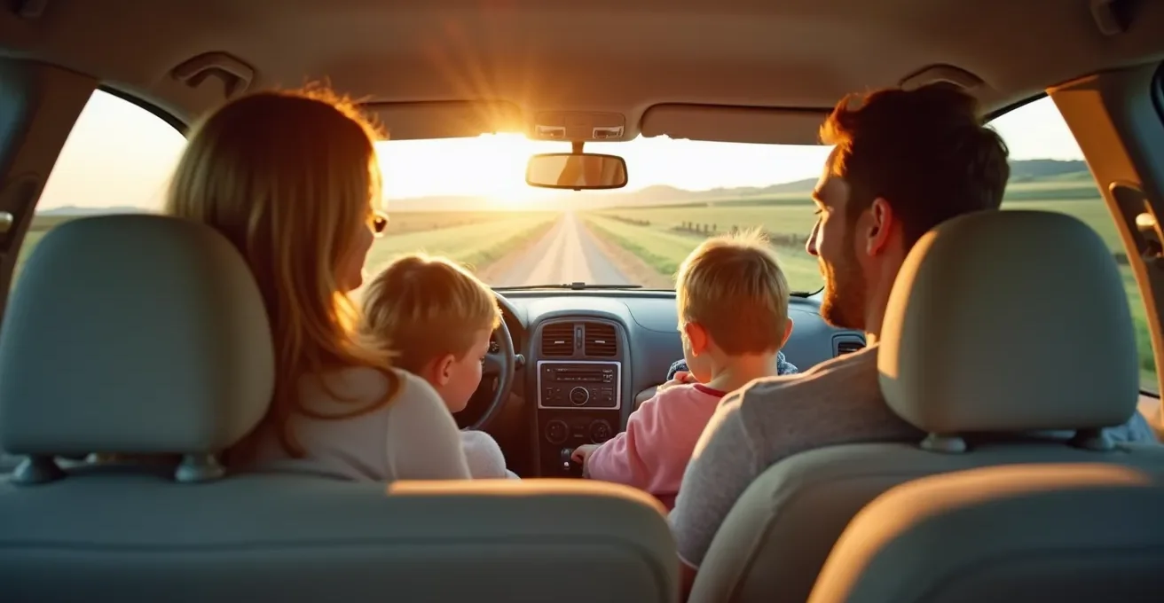 Famille souriante en voiture lors d'un voyage, parents et enfants attentifs