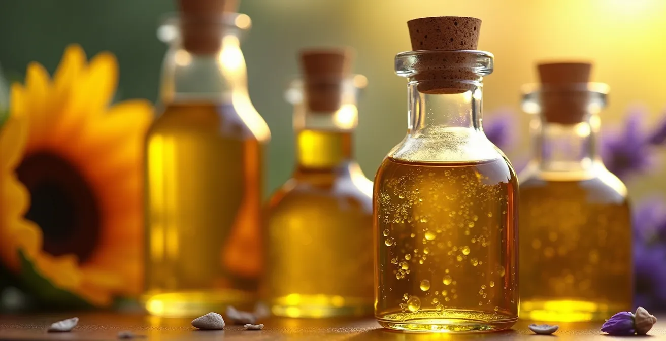 Flacons d'huiles végétales françaises disposés sur une table en bois avec des fleurs de tournesol