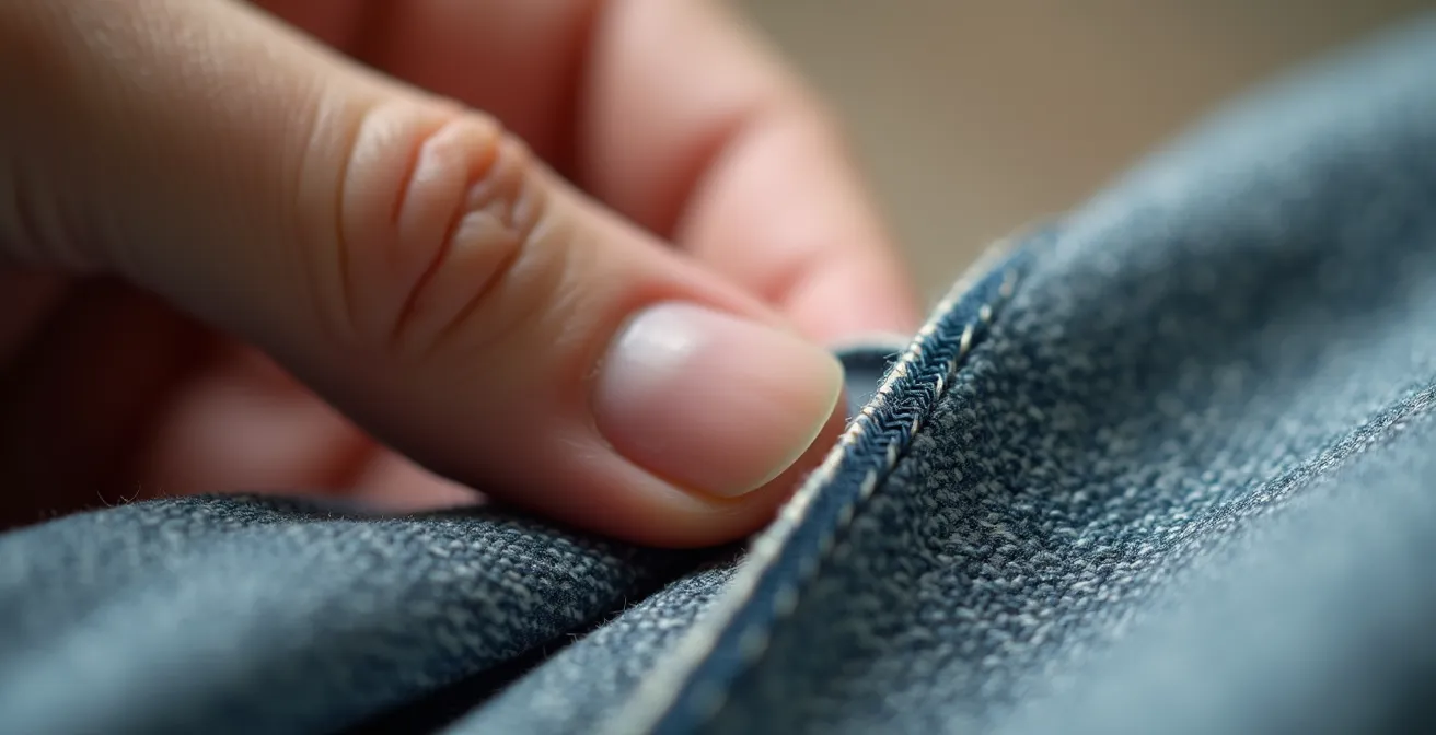 Gros plan macro sur une main examinant minutieusement la texture d'un tissu de qualité