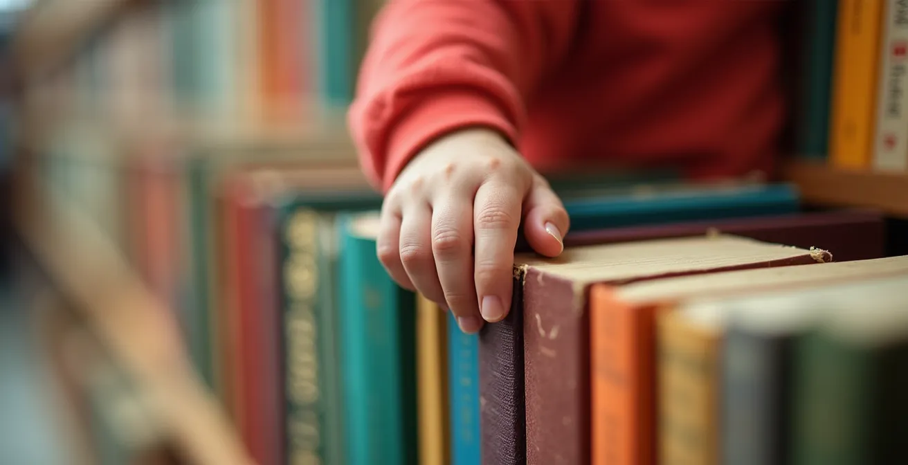 Main d'enfant parcourant les tranches de livres colorés dans une librairie