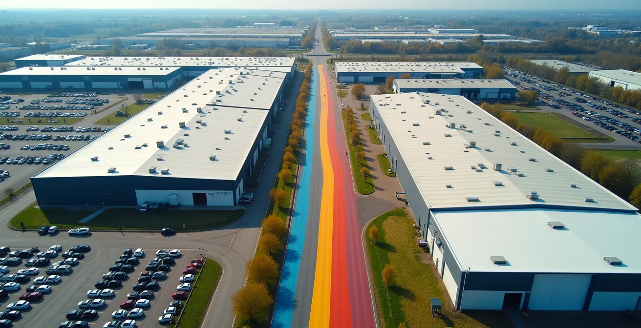 Vue aérienne artistique de zones commerciales d'usines avec parcours coloré reliant différents points