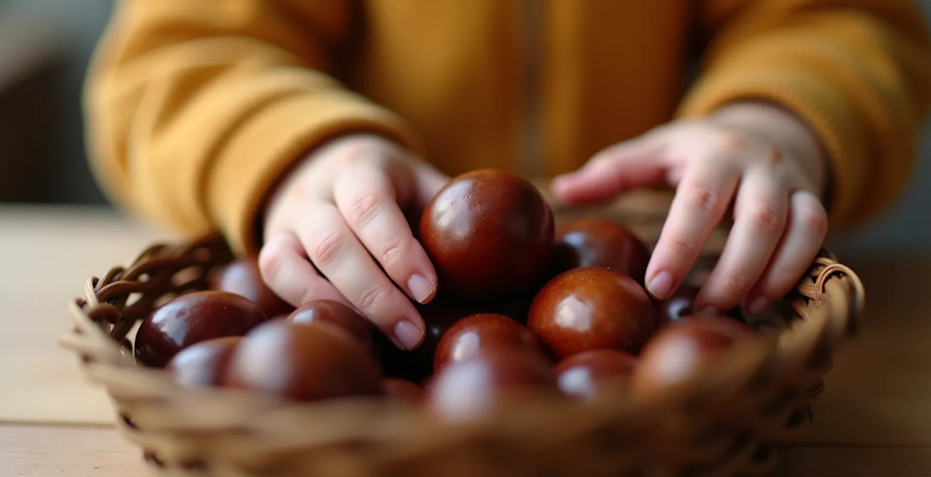 Gros plan sur les petites mains d'un enfant manipulant des marrons pour développer sa motricité fine