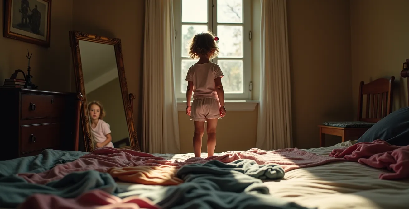 Enfant observant son reflet dans un miroir avec des vêtements posés sur le lit, symbolisant le choix et la perception de soi.