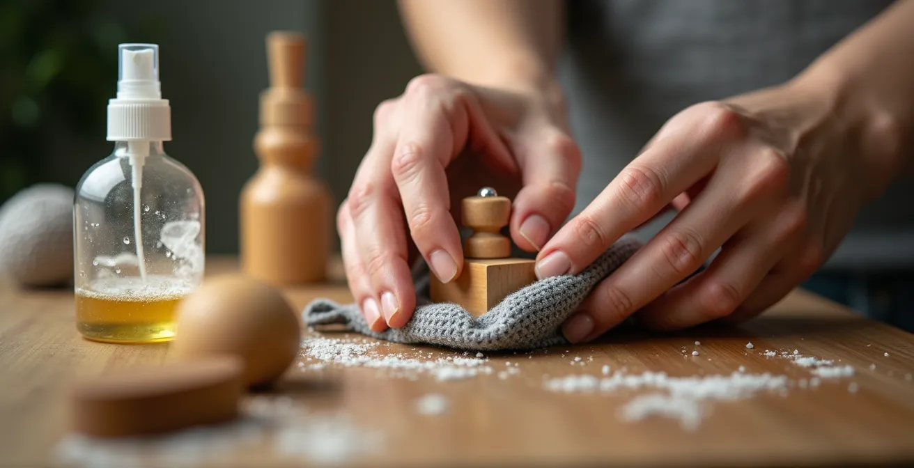 Gros plan sur des mains nettoyant délicatement un jouet en bois avec des produits naturels