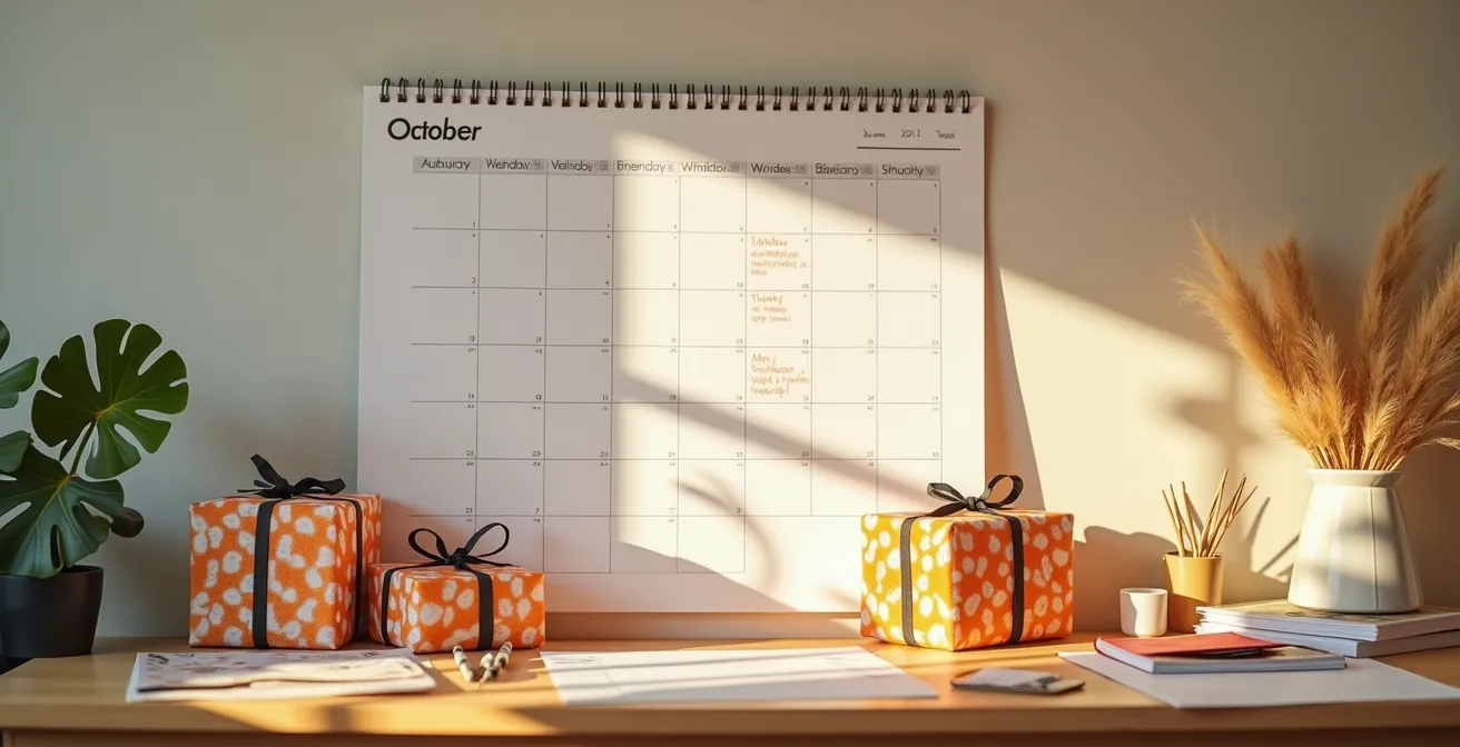 Bureau organisé avec calendrier d'octobre, cadeaux emballés et listes de courses
