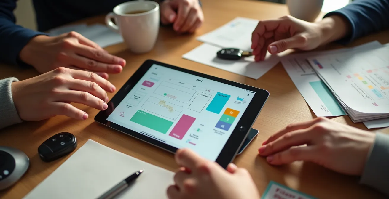 Parents organisant un planning de covoiturage autour d'une table avec outils numériques