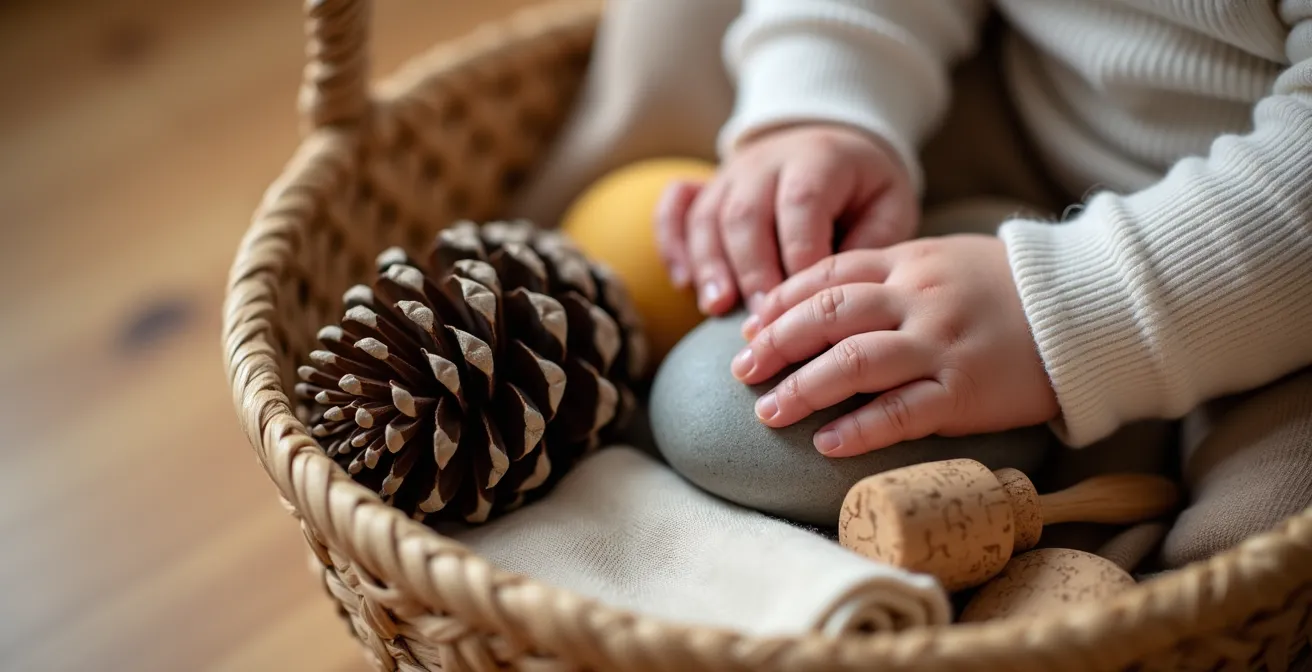 Gros plan sur les mains d'un bébé explorant un panier en osier rempli d'objets naturels variés