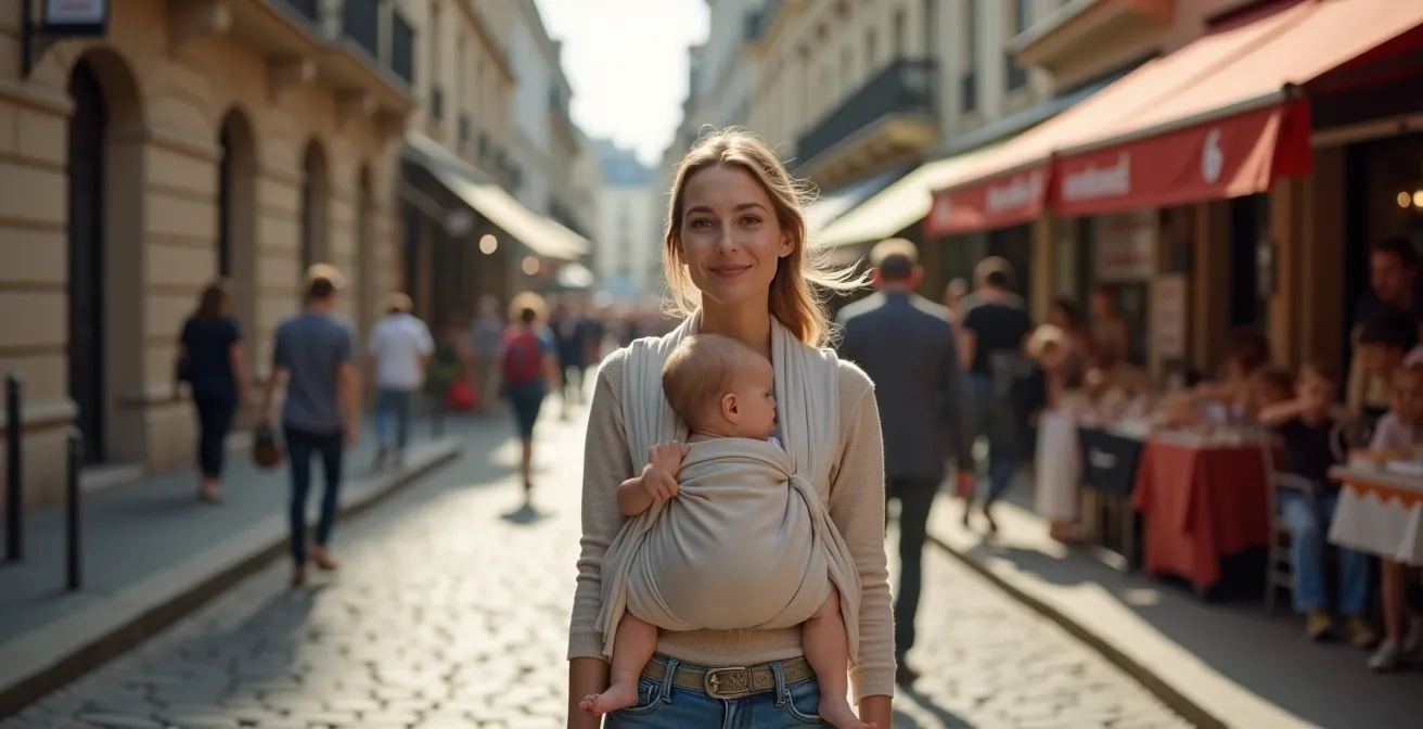 Parent portant son bébé en écharpe de portage dans une rue française