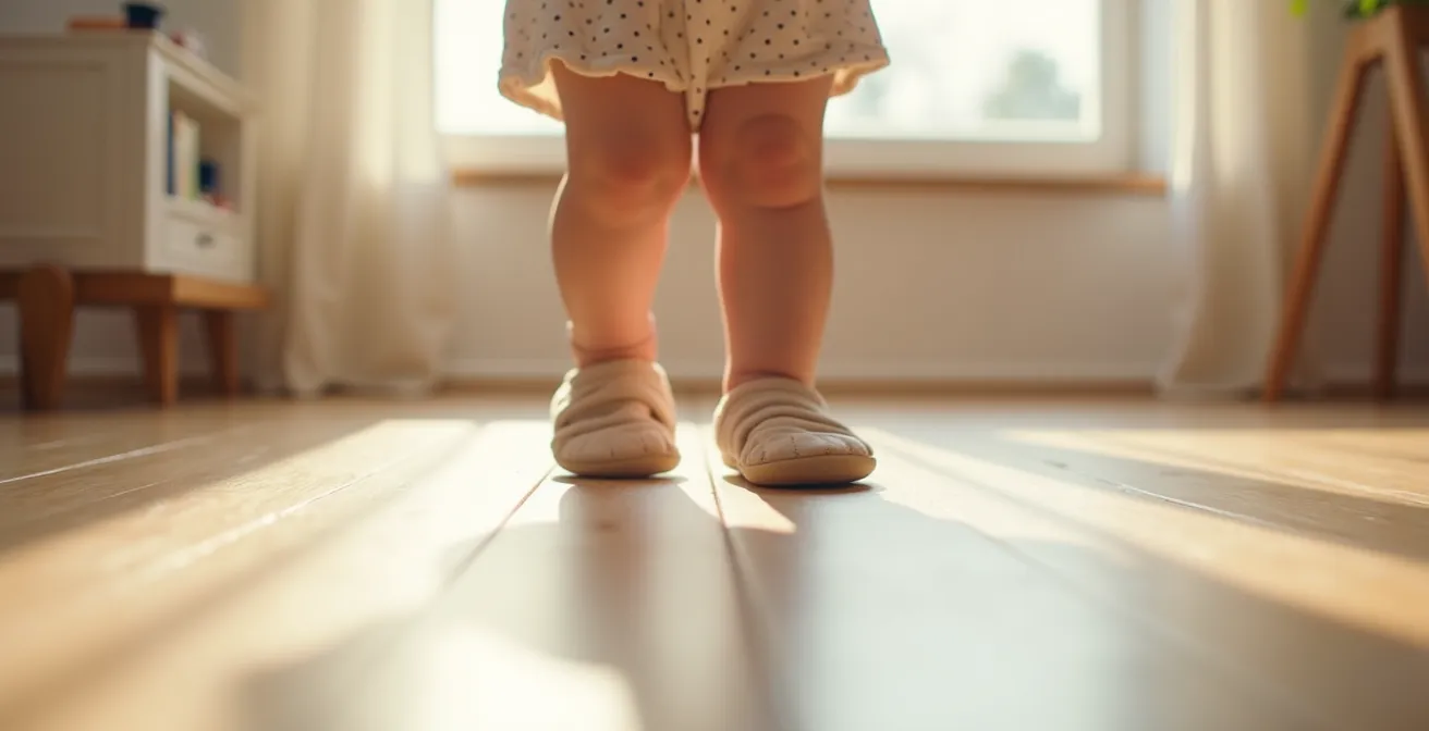 Pieds de bébé en chaussons souples sur surface naturelle, montrant la flexibilité et le mouvement libre