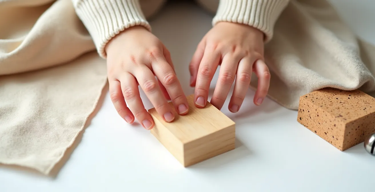 Enfant explorant des matériaux sensoriels variés pour identifier son profil d'apprentissage