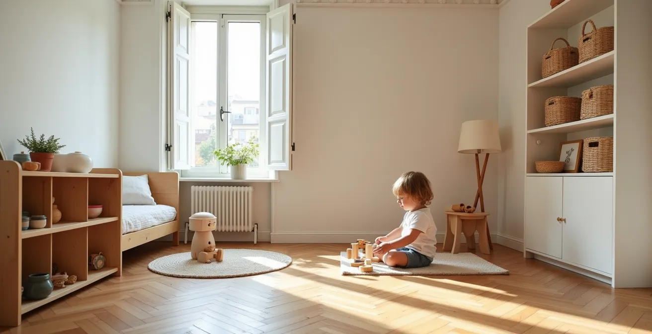 Vue d'ensemble d'une chambre d'enfant française épurée montrant un système de rangement organisé