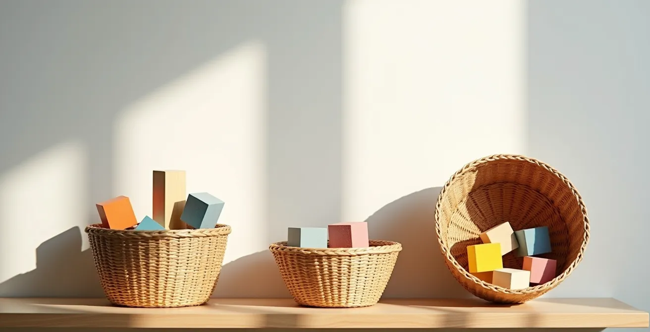 Trois paniers en osier étiquetés contenant des jouets triés sur une étagère basse accessible aux enfants