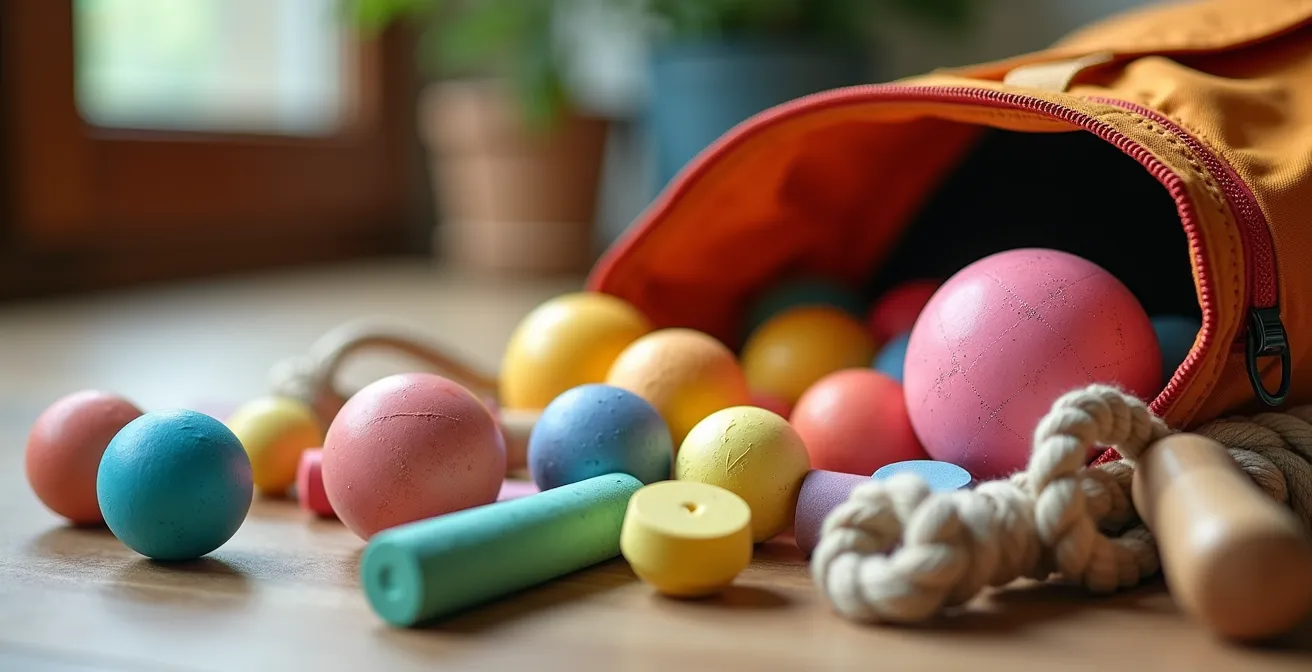 Gros plan sur un sac à dos d'enfant ouvert avec équipement de jeux d'extérieur colorés