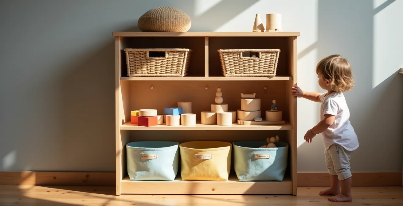 Système de rangement bas avec étagères ouvertes, paniers en osier et casiers colorés accessibles pour enfant