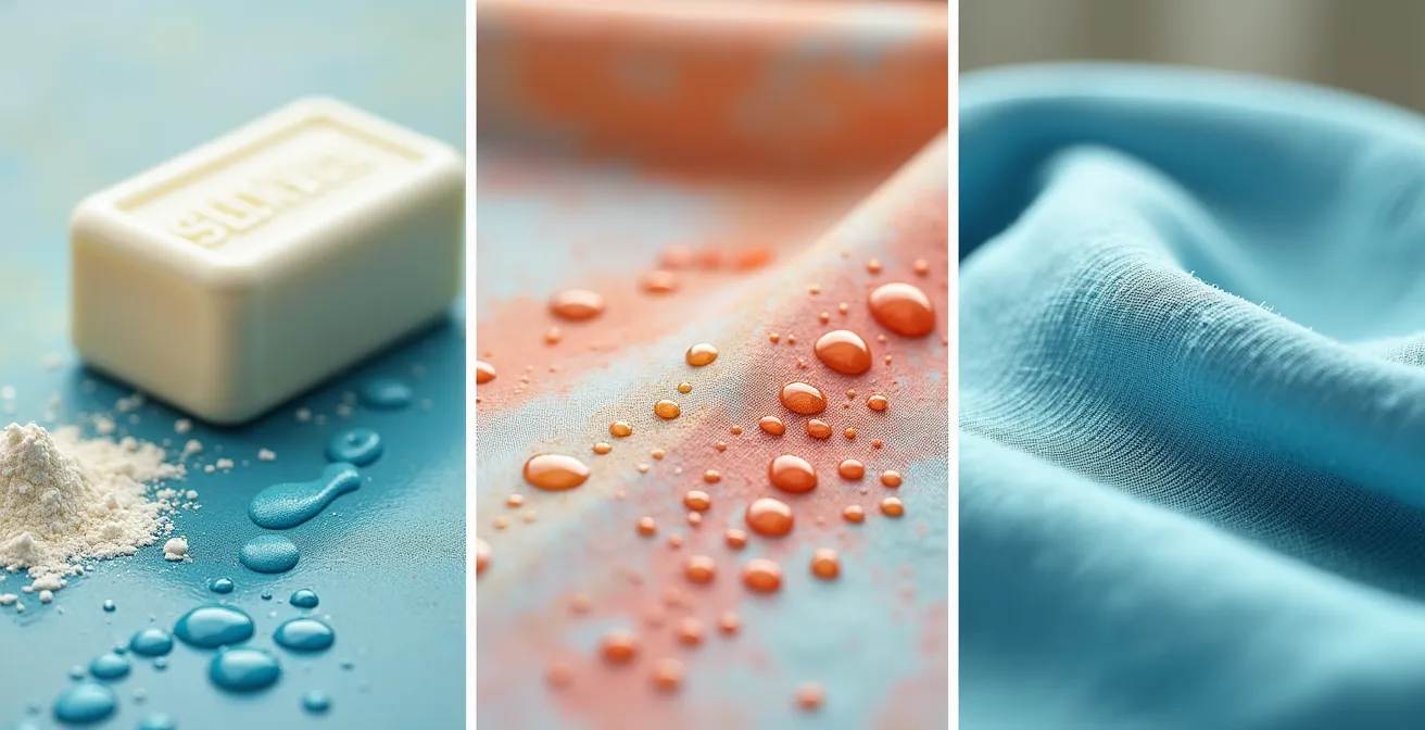 Démonstration visuelle du test de lavabilité des peintures sur différents tissus avec des produits naturels