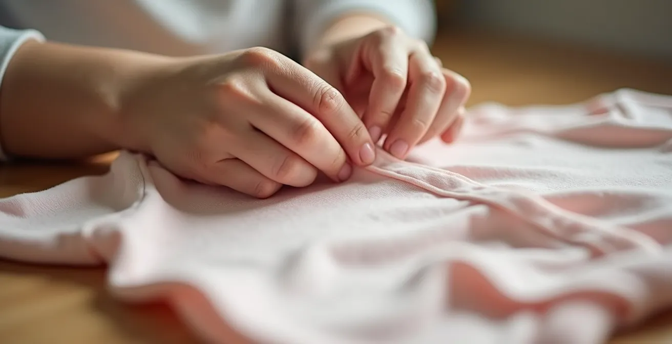 Mains d'adulte vérifiant méticuleusement les coutures et attaches d'un body de bébé