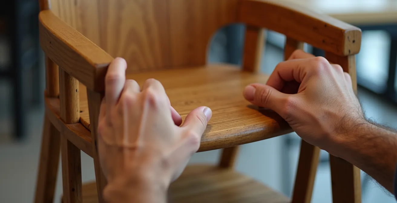 Main d'adulte testant fermement la stabilité d'une chaise haute en bois dans un environnement de magasin lumineux