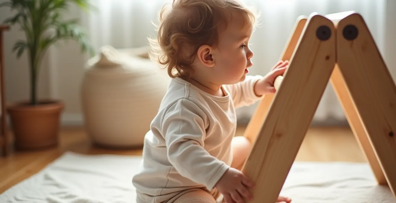 Enfant grimpant sur un triangle de Pikler en bois dans un salon lumineux avec tapis de protection