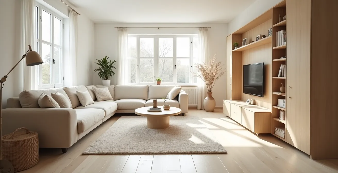 Vue plongeante d'un salon moderne sécurisé avec protections d'angles visibles et espaces dégagés